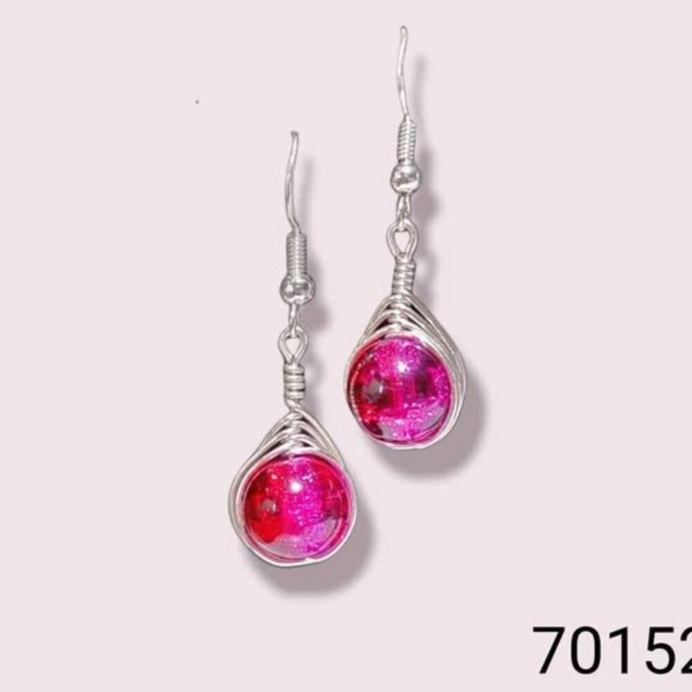 Silver Wire Wrapped Pink & Red Swirl Crinkle Crystal Earrings